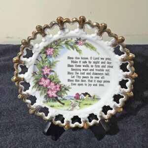 Vintage “Bless This House” Porcelain Hanging Plate – Lace Edge, Gold Trim – 8”